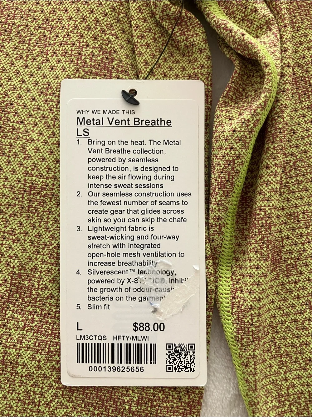 lululemon athletica Men’s Long Sleeve Tee in Lime Green with Rust Speckle
